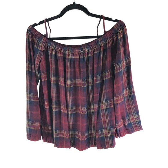 Cloth & Stone Plaid Off-The-Shoulder Blouse M Burgundy & Navy Schoolgirl - Picture 2 of 4